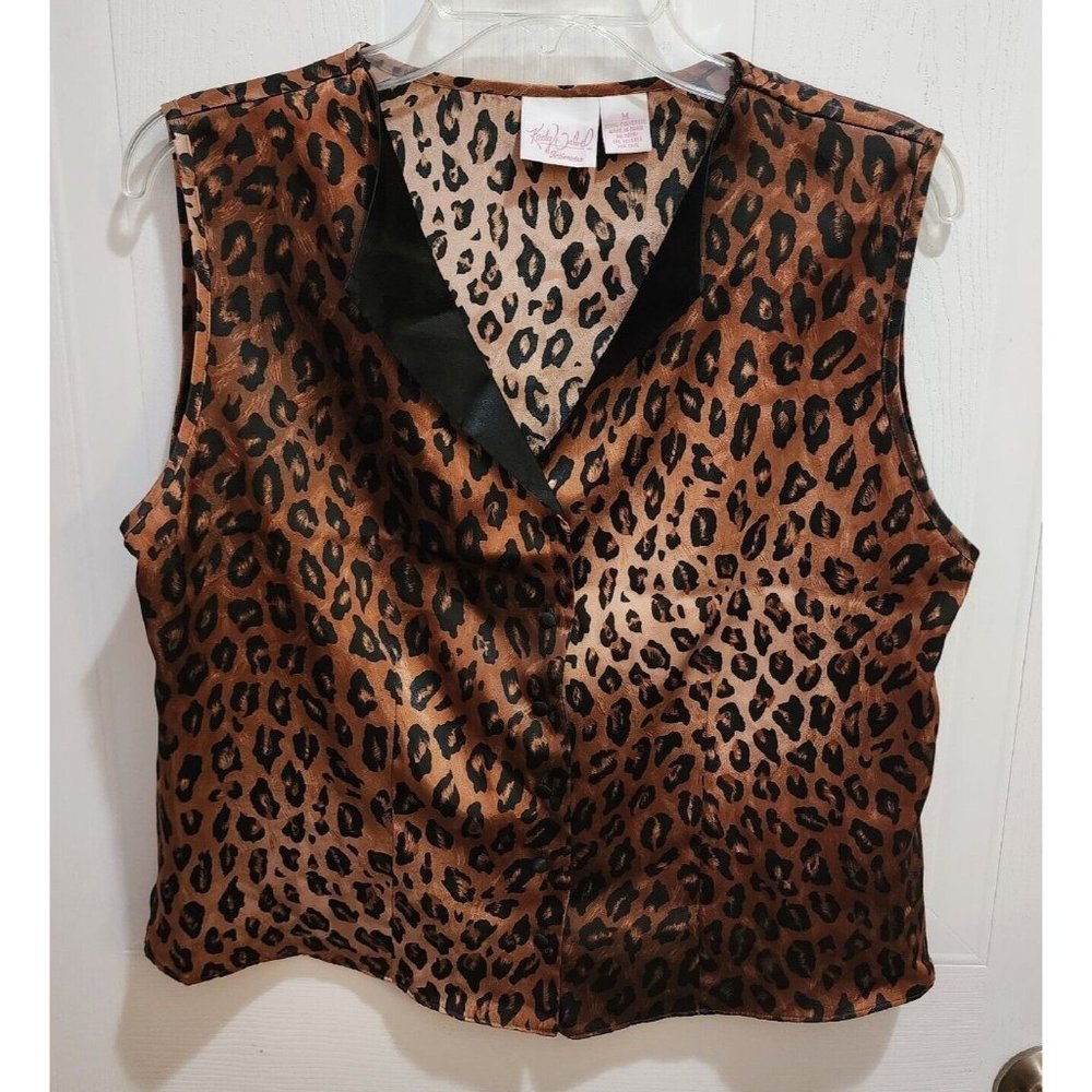 Vintage Kathy Ireland Intimates Womens Satin Button Up Pajama Top Leopard Size M